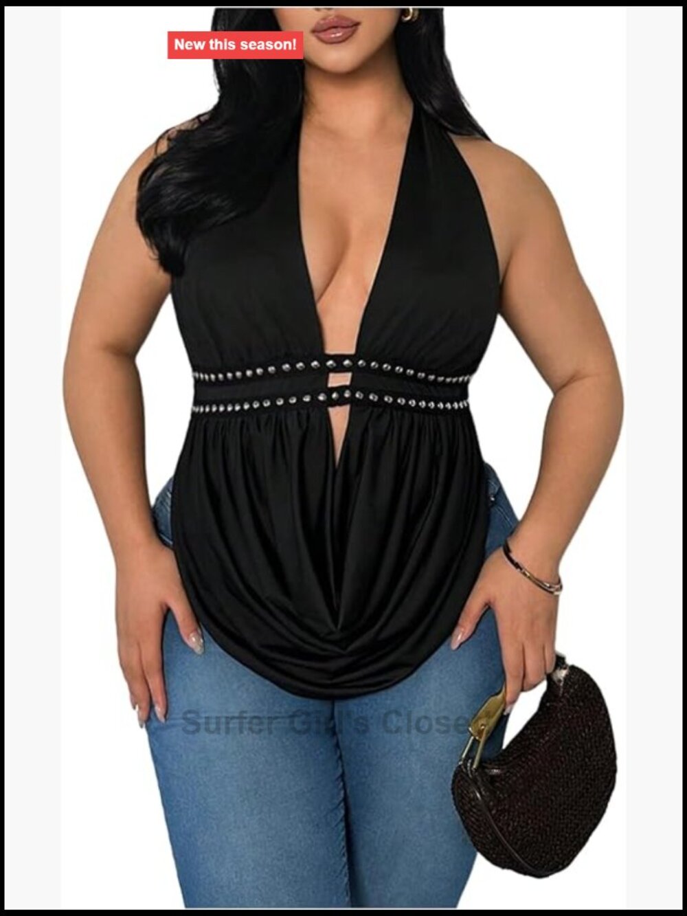 Plus Size Y2K Halter Top Studded Deep V Neck Sleeveless Backless